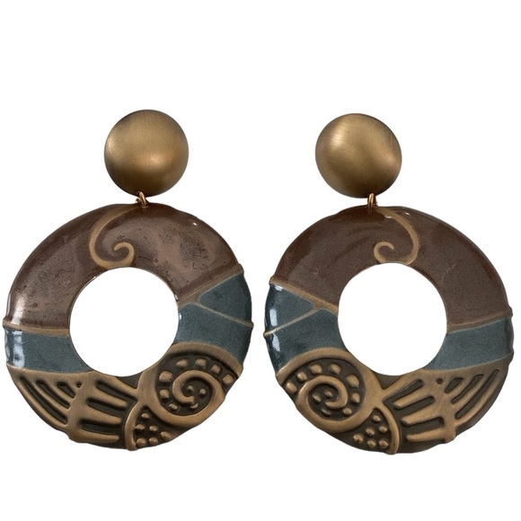 Edgar Berebi Vintage Blue Green Brown Enamel Earrings - Picture 5 of 5